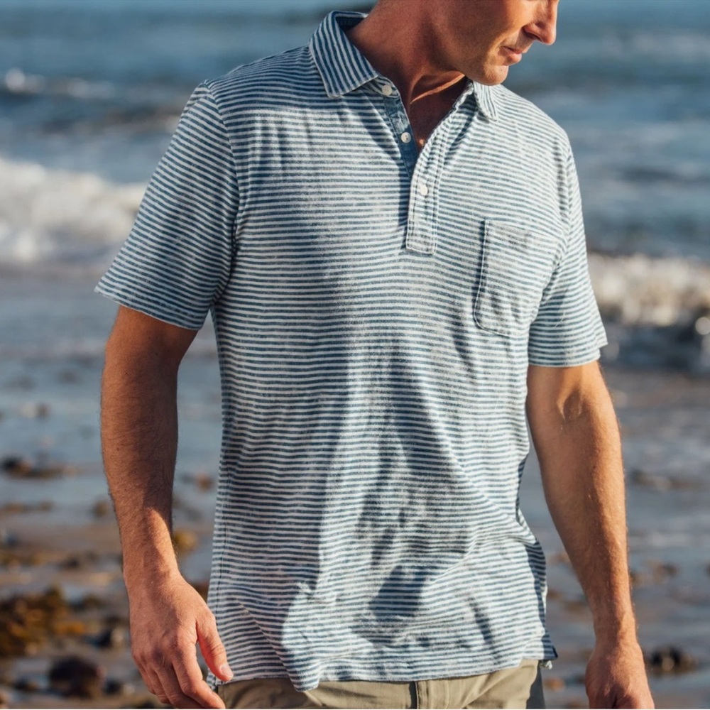 Faherty Salt Wash Indigo Stripe Polo Shirt Blue White XXL